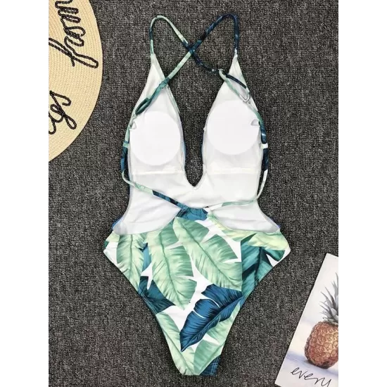 Leaf Printing Deep V-Neck Backless One-Piece Swimwear Leaf Printing Deep V-Neck Backless One-Piece Swimwear