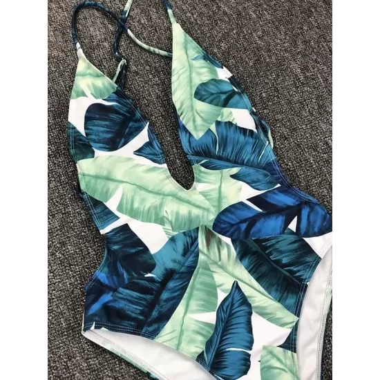 Leaf Printing Deep V-Neck Backless One-Piece Swimwear Leaf Printing Deep V-Neck Backless One-Piece Swimwear