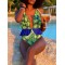 Floral-Print Falbala Split-Joint Deep V-Neck One-Piece Swimwear