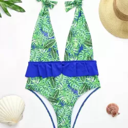 Floral-Print Falbala Split-Joint Deep V-Neck One-Piece Swimwear