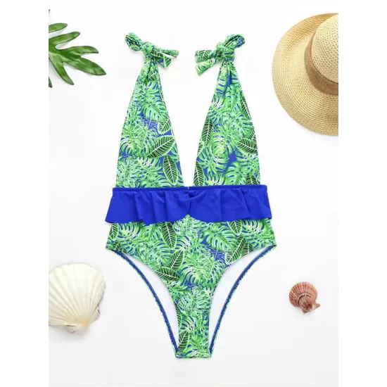Floral-Print Falbala Split-Joint Deep V-Neck One-Piece Swimwear Floral-Print Falbala Split-Joint Deep V-Neck One-Piece Swimwear