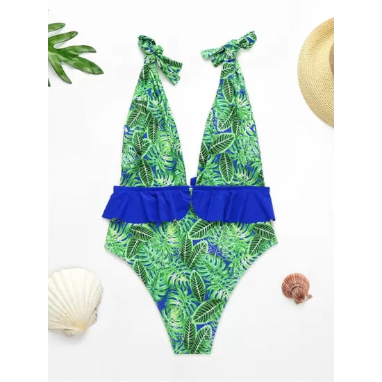 Floral-Print Falbala Split-Joint Deep V-Neck One-Piece Swimwear Floral-Print Falbala Split-Joint Deep V-Neck One-Piece Swimwear