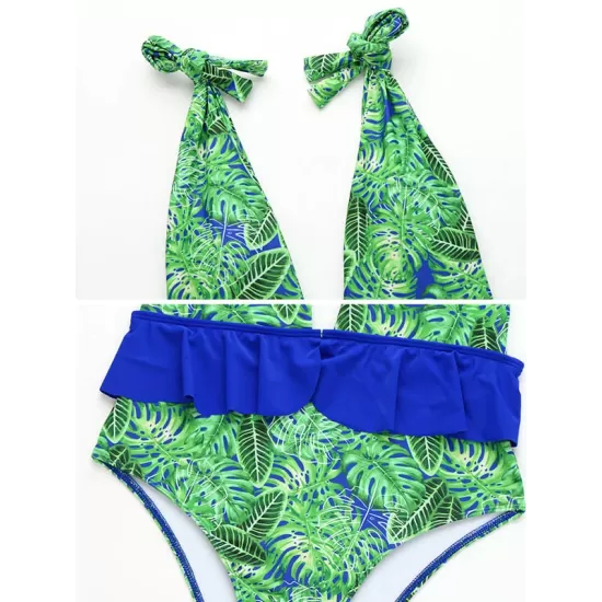 Floral-Print Falbala Split-Joint Deep V-Neck One-Piece Swimwear Floral-Print Falbala Split-Joint Deep V-Neck One-Piece Swimwear