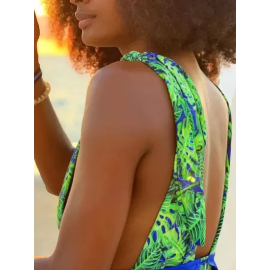 Floral-Print Falbala Split-Joint Deep V-Neck One-Piece Swimwear Floral-Print Falbala Split-Joint Deep V-Neck One-Piece Swimwear