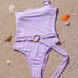 Solid Color One-Shoulder Belted One-Piece Swimwear