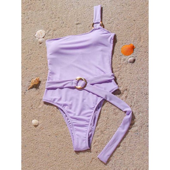 Solid Color One-Shoulder Belted One-Piece Swimwear Solid Color One-Shoulder Belted One-Piece Swimwear