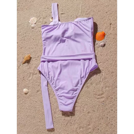Solid Color One-Shoulder Belted One-Piece Swimwear Solid Color One-Shoulder Belted One-Piece Swimwear