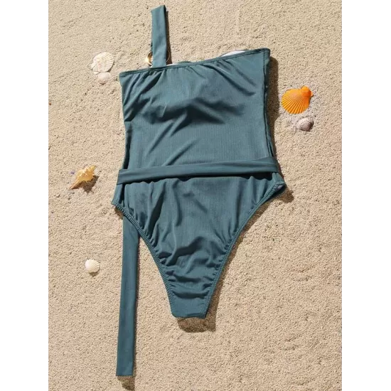 Solid Color One-Shoulder Belted One-Piece Swimwear Solid Color One-Shoulder Belted One-Piece Swimwear