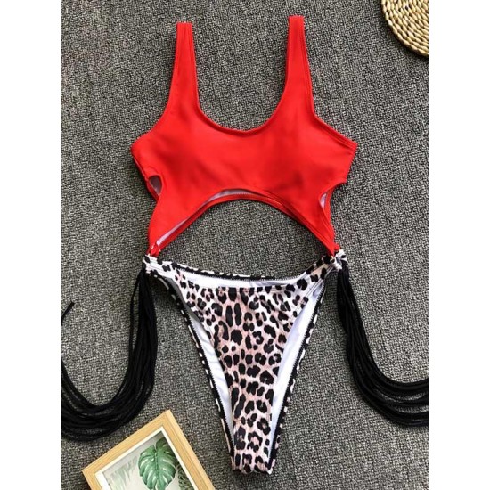 Hollow Tasseled Color-Block One-Piece Swimwear Hollow Tasseled Color-Block One-Piece Swimwear