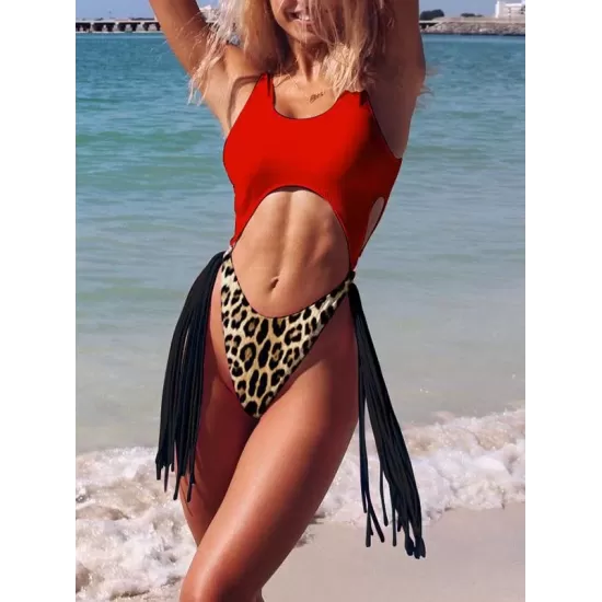 Hollow Tasseled Color-Block One-Piece Swimwear Hollow Tasseled Color-Block One-Piece Swimwear
