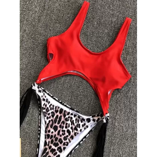 Hollow Tasseled Color-Block One-Piece Swimwear Hollow Tasseled Color-Block One-Piece Swimwear