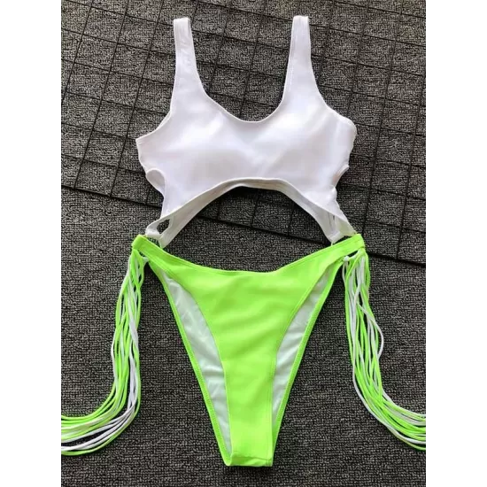 Hollow Tasseled Color-Block One-Piece Swimwear Hollow Tasseled Color-Block One-Piece Swimwear