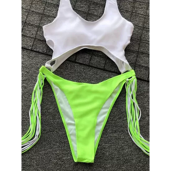 Hollow Tasseled Color-Block One-Piece Swimwear Hollow Tasseled Color-Block One-Piece Swimwear