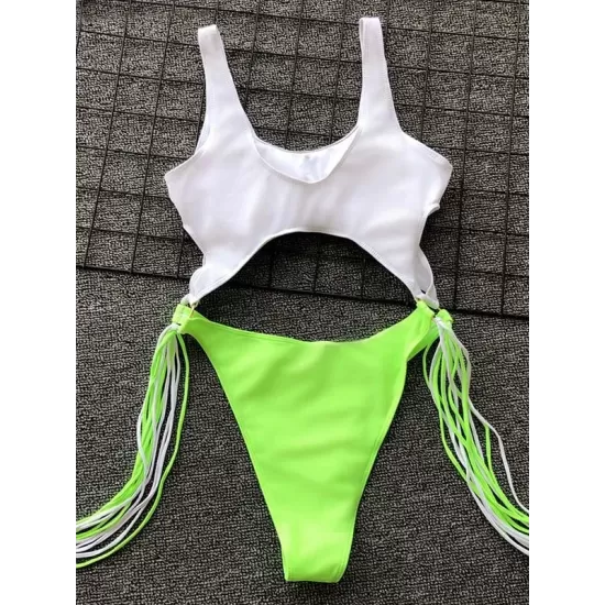 Hollow Tasseled Color-Block One-Piece Swimwear Hollow Tasseled Color-Block One-Piece Swimwear