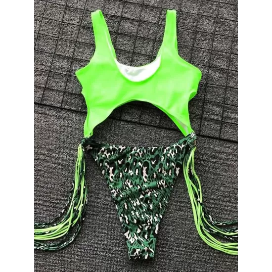 Hollow Tasseled Color-Block One-Piece Swimwear Hollow Tasseled Color-Block One-Piece Swimwear