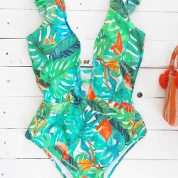 Ruffled Floral Print V-Back One-Piece Swimwear