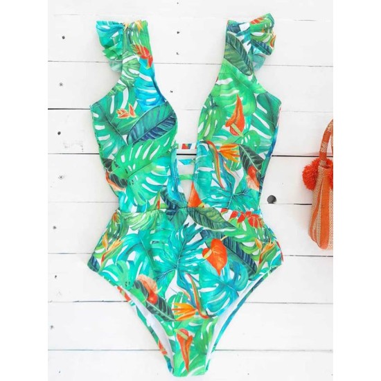 Ruffled Floral Print V-Back One-Piece Swimwear Ruffled Floral Print V-Back One-Piece Swimwear