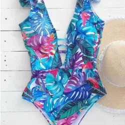 Ruffled Floral Print V-Back One-Piece Swimwear