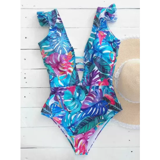 Ruffled Floral Print V-Back One-Piece Swimwear Ruffled Floral Print V-Back One-Piece Swimwear