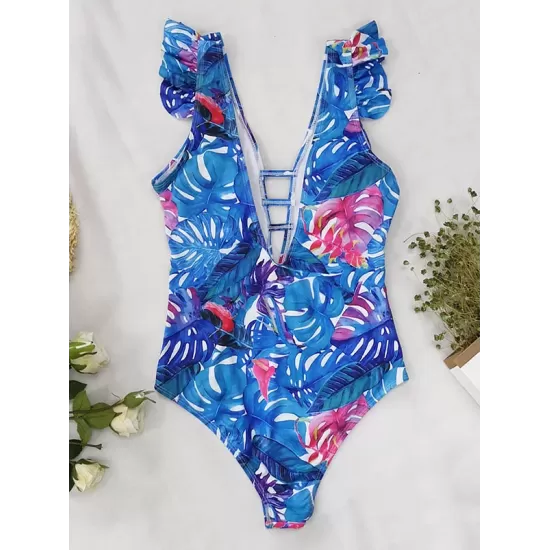 Ruffled Floral Print V-Back One-Piece Swimwear Ruffled Floral Print V-Back One-Piece Swimwear
