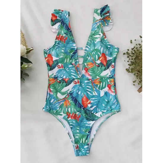 Ruffled Floral Print V-Back One-Piece Swimwear Ruffled Floral Print V-Back One-Piece Swimwear
