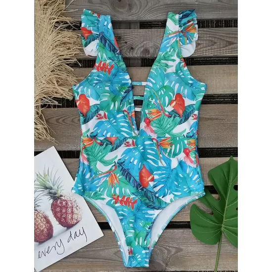 Ruffled Floral Print V-Back One-Piece Swimwear Ruffled Floral Print V-Back One-Piece Swimwear