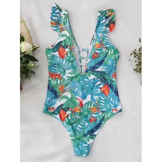 Ruffled Floral Print V-Back One-Piece Swimwear Ruffled Floral Print V-Back One-Piece Swimwear