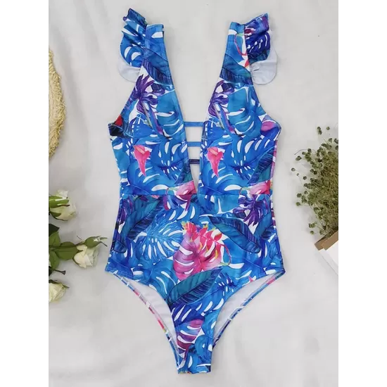 Ruffled Floral Print V-Back One-Piece Swimwear Ruffled Floral Print V-Back One-Piece Swimwear