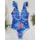 Ruffled Floral Print V-Back One-Piece Swimwear Ruffled Floral Print V-Back One-Piece Swimwear