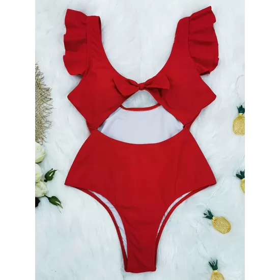 Falbala Sleeve Tight Hollow Knotted One-Piece Swimwear Falbala Sleeve Tight Hollow Knotted One-Piece Swimwear
