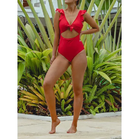 Falbala Sleeve Tight Hollow Knotted One-Piece Swimwear Falbala Sleeve Tight Hollow Knotted One-Piece Swimwear