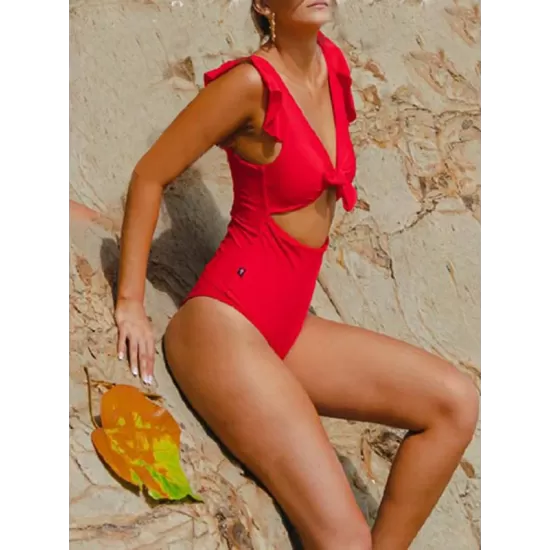 Falbala Sleeve Tight Hollow Knotted One-Piece Swimwear Falbala Sleeve Tight Hollow Knotted One-Piece Swimwear