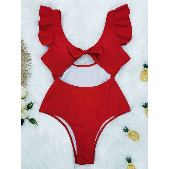 Falbala Sleeve Tight Hollow Knotted One-Piece Swimwear Falbala Sleeve Tight Hollow Knotted One-Piece Swimwear