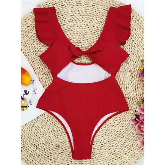 Falbala Sleeve Tight Hollow Knotted One-Piece Swimwear Falbala Sleeve Tight Hollow Knotted One-Piece Swimwear