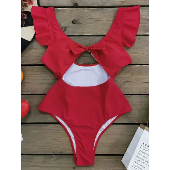 Falbala Sleeve Tight Hollow Knotted One-Piece Swimwear Falbala Sleeve Tight Hollow Knotted One-Piece Swimwear