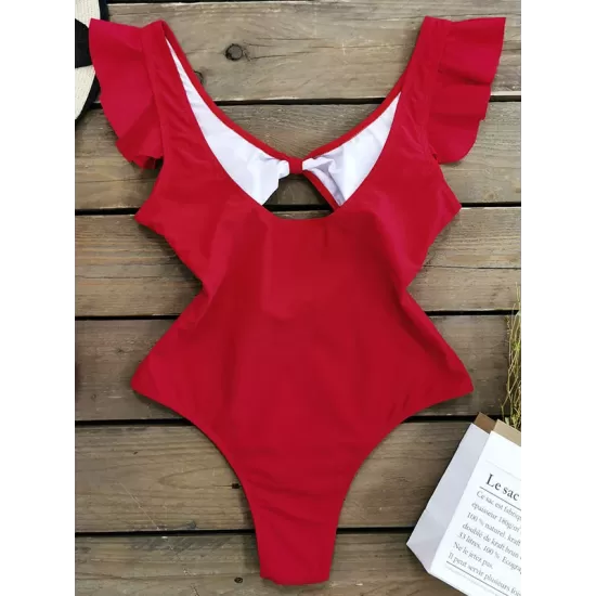 Falbala Sleeve Tight Hollow Knotted One-Piece Swimwear Falbala Sleeve Tight Hollow Knotted One-Piece Swimwear