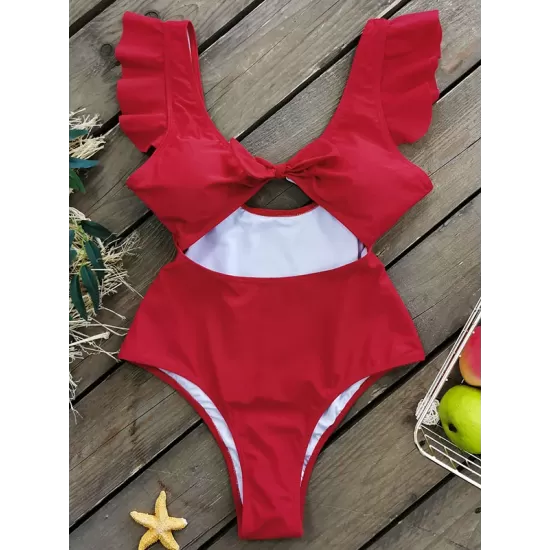 Falbala Sleeve Tight Hollow Knotted One-Piece Swimwear Falbala Sleeve Tight Hollow Knotted One-Piece Swimwear