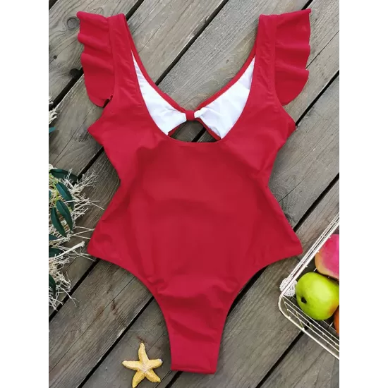 Falbala Sleeve Tight Hollow Knotted One-Piece Swimwear Falbala Sleeve Tight Hollow Knotted One-Piece Swimwear