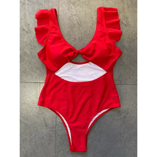Falbala Sleeve Tight Hollow Knotted One-Piece Swimwear Falbala Sleeve Tight Hollow Knotted One-Piece Swimwear