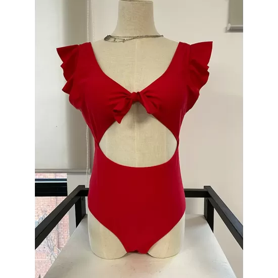 Falbala Sleeve Tight Hollow Knotted One-Piece Swimwear Falbala Sleeve Tight Hollow Knotted One-Piece Swimwear