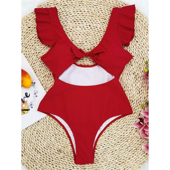 Falbala Sleeve Tight Hollow Knotted One-Piece Swimwear Falbala Sleeve Tight Hollow Knotted One-Piece Swimwear