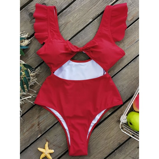 Falbala Sleeve Tight Hollow Knotted One-Piece Swimwear Falbala Sleeve Tight Hollow Knotted One-Piece Swimwear