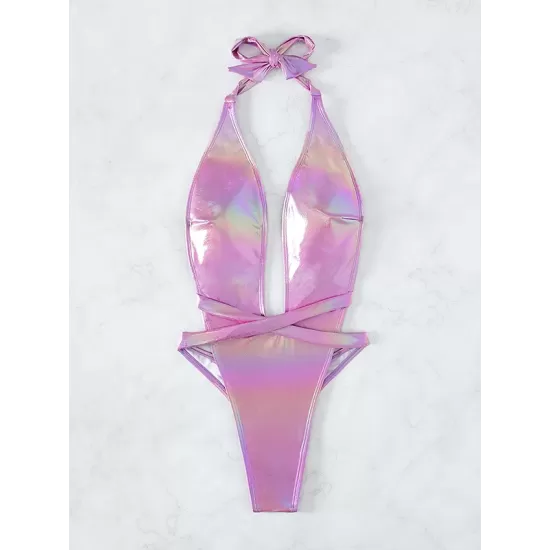 Solid Color Backless Padded Halter-Neck One-Piece Swimwear Solid Color Backless Padded Halter-Neck One-Piece Swimwear