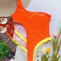 Contrast Color Split-Joint Asymmetric One-Shoulder One-Piece Swimwear