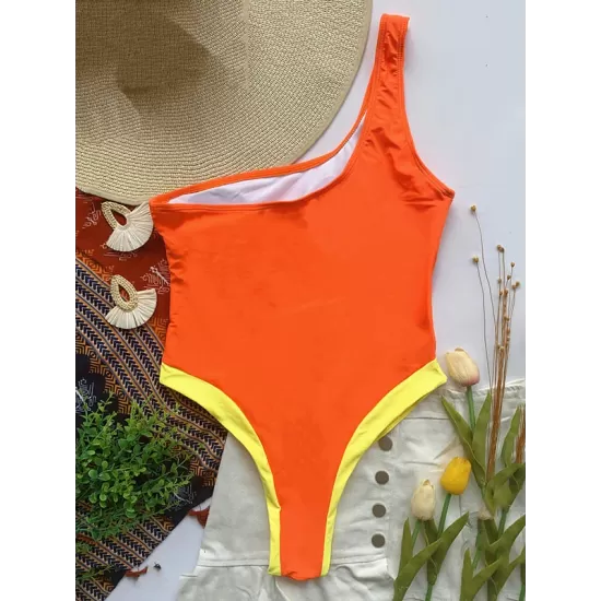 Contrast Color Split-Joint Asymmetric One-Shoulder One-Piece Swimwear Contrast Color Split-Joint Asymmetric One-Shoulder One-Piece Swimwear