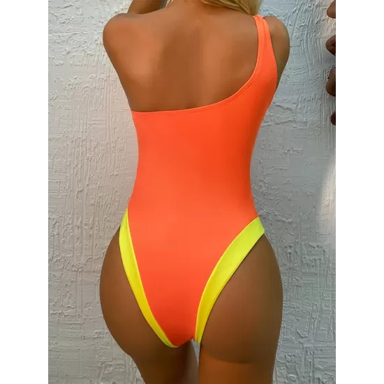 Contrast Color Split-Joint Asymmetric One-Shoulder One-Piece Swimwear Contrast Color Split-Joint Asymmetric One-Shoulder One-Piece Swimwear
