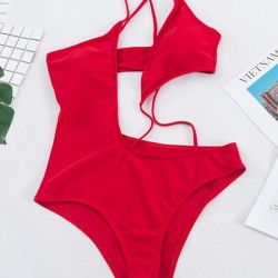 Solid Color Irregular Cropping Hollow Monokini Swimwear