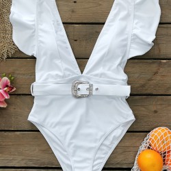 Deep V-Neck Short Sleeve Ruffled One-Piece Swimwear