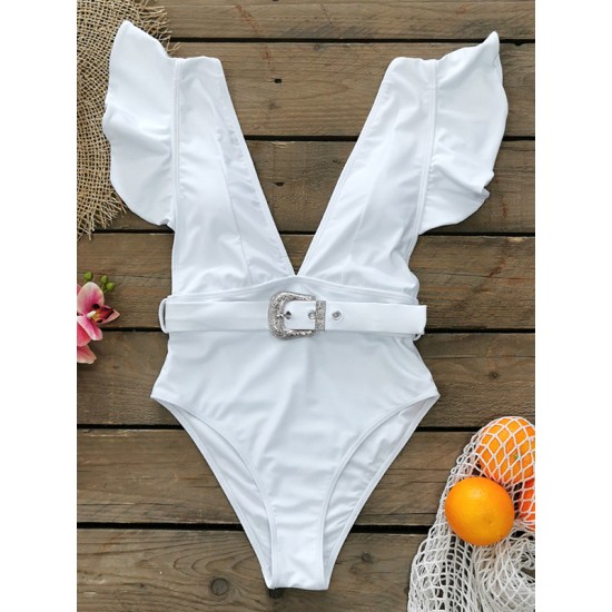 Deep V-Neck Short Sleeve Ruffled One-Piece Swimwear Deep V-Neck Short Sleeve Ruffled One-Piece Swimwear