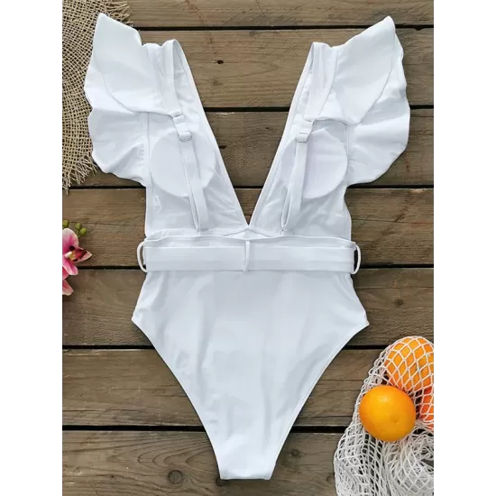 Deep V-Neck Short Sleeve Ruffled One-Piece Swimwear Deep V-Neck Short Sleeve Ruffled One-Piece Swimwear